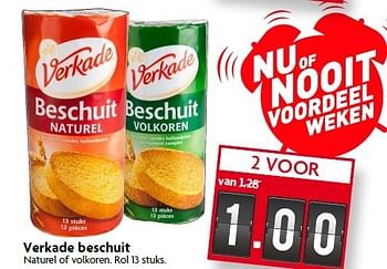 Aanbiedingen Verkade beschuit naturel of volkoren - Verkade - Geldig van 18/01/2015 tot 24/01/2015 bij Deka Markt