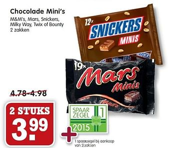 Aanbiedingen Chocolade mini`s m+m`s, mars, snickers, milky way, twix of bounty - Snickers - Geldig van 18/01/2015 tot 24/01/2015 bij Em-té