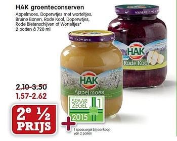 Aanbiedingen Hak groenteconserven appelmoes, doperwtjes met worteltjes - Hak - Geldig van 18/01/2015 tot 24/01/2015 bij Em-té