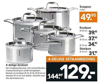 Aanbiedingen 4-delige kookset van hoogwaardig staal, met compactbodem - Herman - Geldig van 19/01/2015 tot 26/01/2015 bij Blokker