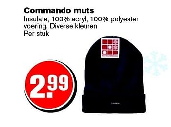 Aanbiedingen Commando muts insulate, 100% acryl, 100% polyester - Huismerk - Hoogvliet - Geldig van 21/01/2015 tot 27/01/2015 bij Hoogvliet