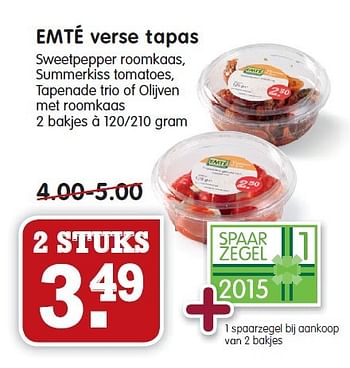 Aanbiedingen Emté verse tapas sweetpepper roomkaas, summerkiss tomatoes - Huismerk - Em-té - Geldig van 25/01/2015 tot 31/01/2015 bij Em-té
