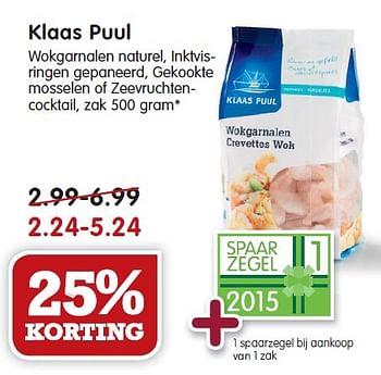 Aanbiedingen Klaas puul wokgarnalen naturel, inktvisringen gepaneerd - Klaas Puul - Geldig van 25/01/2015 tot 31/01/2015 bij Em-té