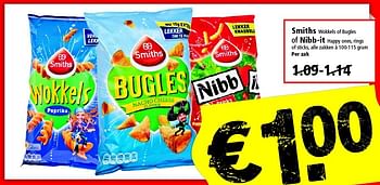 Aanbiedingen Smiths wokkels of bugles of nibb-it happy ones, rings - Smiths - Geldig van 25/01/2015 tot 31/01/2015 bij Plus