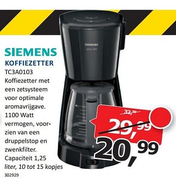 Aanbiedingen Siemens koffiezetter koffiezetter met een zetsysteem - Siemens - Geldig van 26/01/2015 tot 31/01/2015 bij De Harense Smid