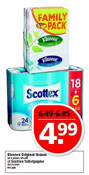 Aanbiedingen Kleenex original tissues of scottex toiletpapier - Kleenex - Geldig van 25/01/2015 tot 31/01/2015 bij Plus