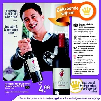 Aanbiedingen Arrogant frog cabernet sauvignon-merlot soepel rood - Rode wijnen - Geldig van 26/01/2015 tot 08/02/2015 bij Gall & Gall