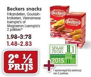 Aanbiedingen Beckers snacks frikandellen, goulashkroketten, vietnamese - Beckers - Geldig van 01/02/2015 tot 07/02/2015 bij Em-té