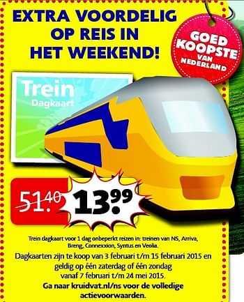 Aanbiedingen Trein dagkaart voor 1 dag onbeperkt reizen in: treinen van ns, arriva - Huismerk - Kruidvat - Geldig van 03/02/2015 tot 08/02/2015 bij Kruidvat