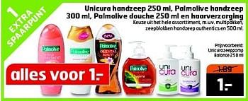 Aanbiedingen Unicura handzeep, palmolive handzeep, palmolive douche en haarverzorging - Palmolive - Geldig van 03/02/2015 tot 08/02/2015 bij Trekpleister