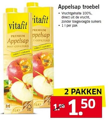 Aanbiedingen Appelsap troebel vruchtgehalte 100%, direct uit de vrucht - Vitafit - Geldig van 02/02/2015 tot 08/02/2015 bij Lidl