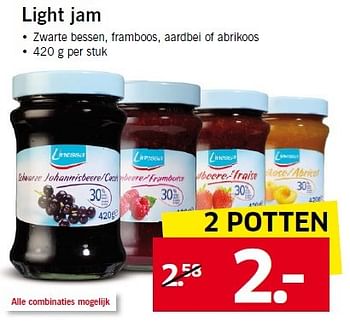 Aanbiedingen Light jam zwarte bessen, framboos, aardbei of abrikoos - Huismerk - Lidl - Geldig van 02/02/2015 tot 08/02/2015 bij Lidl
