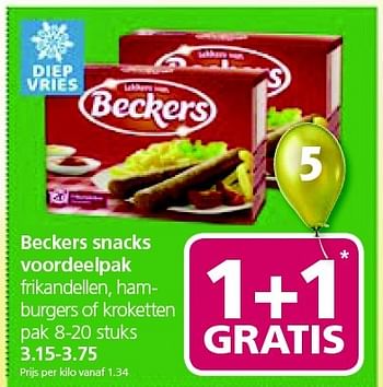 Aanbiedingen Beckers snacks voordeelpak frikandellen, ham­ burgers of kroketten - Beckers - Geldig van 09/02/2015 tot 15/02/2015 bij Jan Linders