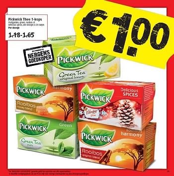 Aanbiedingen Pickwick thee 1-kops fruitgarden, groen, rooibos of delicious spices - Pickwick - Geldig van 08/02/2015 tot 14/02/2015 bij Plus