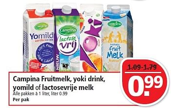 Aanbiedingen Campina fruitmelk, yoki drink, yomild of lactosevrije melk - Campina - Geldig van 08/02/2015 tot 14/02/2015 bij Plus