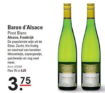 Aanbiedingen Baron d`alsace pinot blanc alsace, frankrijk - Witte wijnen - Geldig van 05/02/2015 tot 23/02/2015 bij Sligro