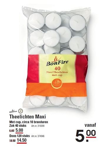 Aanbiedingen Theelichten maxi met cup, circa 10 branduren - Bonfire - Geldig van 05/02/2015 tot 23/02/2015 bij Sligro