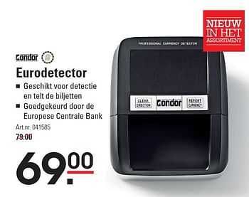 Aanbiedingen Eurodetector geschikt voor detectie en telt de biljetten - Condor - Geldig van 05/02/2015 tot 23/02/2015 bij Sligro