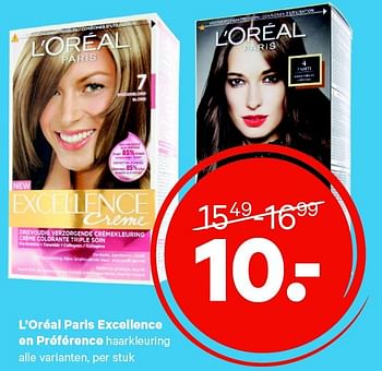 Aanbiedingen L`oréal paris excellence en préférence haarkleuring - L'Oreal Paris - Geldig van 09/02/2015 tot 22/02/2015 bij Etos