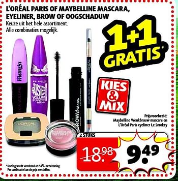 Aanbiedingen Maybelline wenkbrauw mascara en l`oréal paris eyeliner le smokey - Maybelline - Geldig van 17/02/2015 tot 22/02/2015 bij Kruidvat