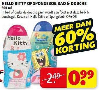 Aanbiedingen Hello kitty of spongebob bad + douche - Hello kitty - Geldig van 17/02/2015 tot 22/02/2015 bij Kruidvat