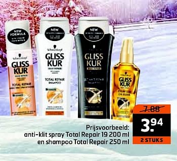 Aanbiedingen Anti-klit spray total repair 19 200 ml en shampoo total repair - Gliss Kur - Geldig van 17/02/2015 tot 01/03/2015 bij Trekpleister