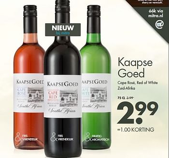 Aanbiedingen Kaapse goed cape rosé, red of white zuid-afrika - Rode wijnen - Geldig van 15/02/2015 tot 28/02/2015 bij Mitra