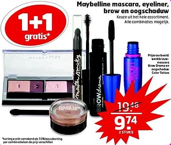 Aanbiedingen Maybelline mascara, eyeliner, brow en oogschaduw - Maybelline - Geldig van 24/02/2015 tot 01/03/2015 bij Trekpleister