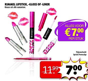 Aanbiedingen Rimmel lipstick, -gloss of -liner - Rimmel - Geldig van 24/02/2015 tot 08/03/2015 bij Kruidvat