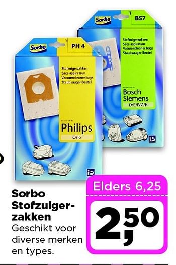 Aanbiedingen Sorbo stofzuigerzakken geschikt voor diverse merken en types - Sorbo - Geldig van 24/02/2015 tot 02/03/2015 bij Dirx Drogisterijen