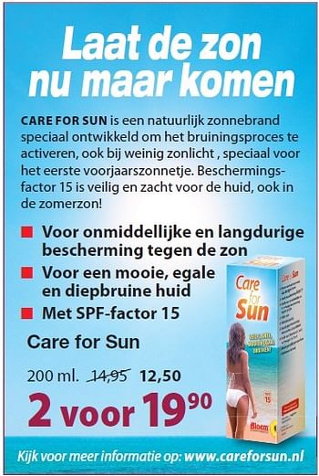 Aanbiedingen Care for sun is een natuurlijk zonnebrand - Careforsun - Geldig van 26/02/2015 tot 31/03/2015 bij De Rode Pilaren
