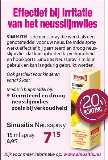 Aanbiedingen Sinusitis neusspray - Bloem - Geldig van 26/02/2015 tot 31/03/2015 bij De Rode Pilaren