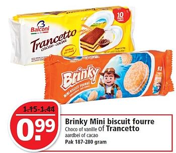 Aanbiedingen Brinky mini biscuit fourre choco of vanille of trancetto - Brinky - Geldig van 01/03/2015 tot 07/03/2015 bij Plus