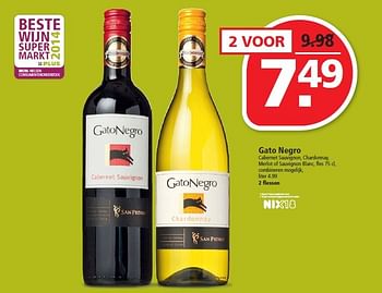 Aanbiedingen Gato negro cabernet sauvignon, chardonnay - Rode wijnen - Geldig van 01/03/2015 tot 07/03/2015 bij Plus