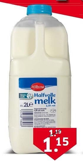 Aanbiedingen Halfvolle melk - Milbona - Geldig van 02/03/2015 tot 08/03/2015 bij Lidl