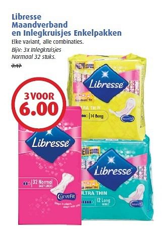 Aanbiedingen Libresse maandverband en inlegkruisjes enkelpakken - Libresse - Geldig van 09/03/2015 tot 15/03/2015 bij Uw eigen drogist
