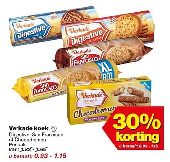 Aanbiedingen Verkade koek digestive, san francisco of chocodromen - Verkade - Geldig van 11/03/2015 tot 17/03/2015 bij Hoogvliet