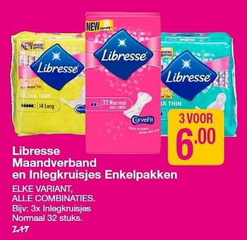Aanbiedingen Libresse maandverband en inlegkruisjes enkelpakken - Libresse - Geldig van 09/03/2015 tot 22/03/2015 bij da