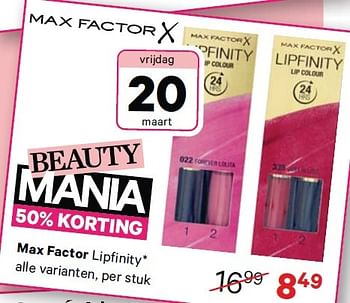 Aanbiedingen Max factor lipfinity - Max Factor - Geldig van 09/03/2015 tot 22/03/2015 bij Etos