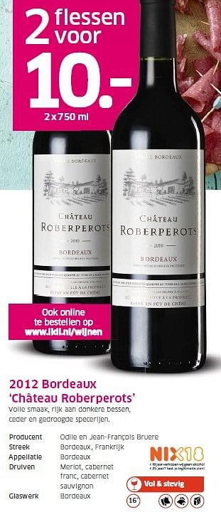 Aanbiedingen 2012 bordeaux `château roberperots` - Rode wijnen - Geldig van 16/03/2015 tot 22/03/2015 bij Lidl