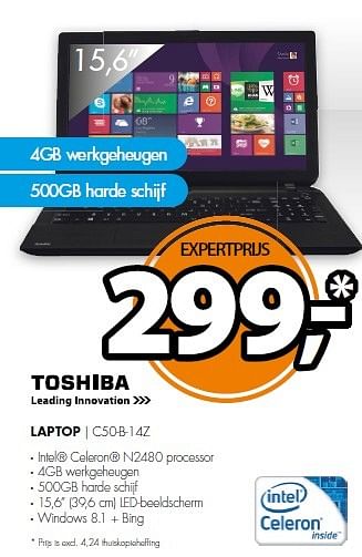 Aanbiedingen Toshiba laptop c50-b-14z - Toshiba - Geldig van 16/03/2015 tot 22/03/2015 bij Expert