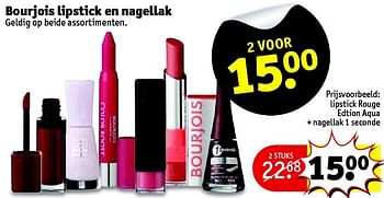 Aanbiedingen Lipstick rouge edtion aqua + nagellak 1 seconde - Bourjois - Geldig van 17/03/2015 tot 22/03/2015 bij Kruidvat
