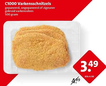 Aanbiedingen C1000 varkensschnitzels gepaneerd, ongepaneerd of zigeuner gekruid varkensvlees - Huismerk - C1000 Supermarkten - Geldig van 18/03/2015 tot 24/03/2015 bij C1000