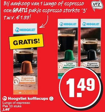 Aanbiedingen Hoogvliet koffiecups lungo of espresso - Huismerk - Hoogvliet - Geldig van 25/03/2015 tot 31/03/2015 bij Hoogvliet