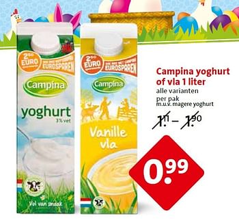 Aanbiedingen Campina yoghurt of vla 1 liter - Campina - Geldig van 25/03/2015 tot 31/03/2015 bij C1000