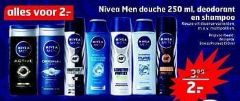 Aanbiedingen Nivea men douche 250 ml, deodorant en shampoo - Nivea - Geldig van 31/03/2015 tot 05/04/2015 bij Trekpleister