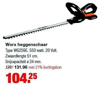 Aanbiedingen Worx heggenschaar wg259e - Worx - Geldig van 30/03/2015 tot 06/04/2015 bij Praxis