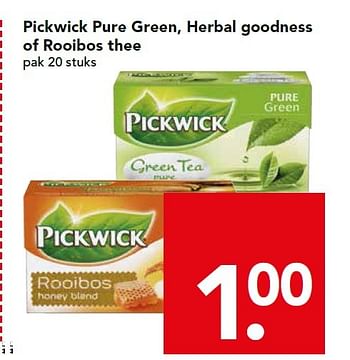 Aanbiedingen Pickwick pure green, herbal goodness of rooibos thee - Pickwick - Geldig van 05/04/2015 tot 11/04/2015 bij Deen Supermarkten