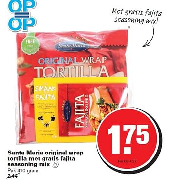 Aanbiedingen Santa maria original wrap tortilla met gratis fajita seasoning mix - Santa Maria - Geldig van 08/04/2015 tot 14/04/2015 bij Hoogvliet