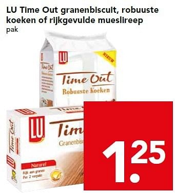 Aanbiedingen Lu time out granenbiscuit, robuuste koeken of rijkgevulde mueslireep - Lu - Geldig van 19/04/2015 tot 25/04/2015 bij Deen Supermarkten